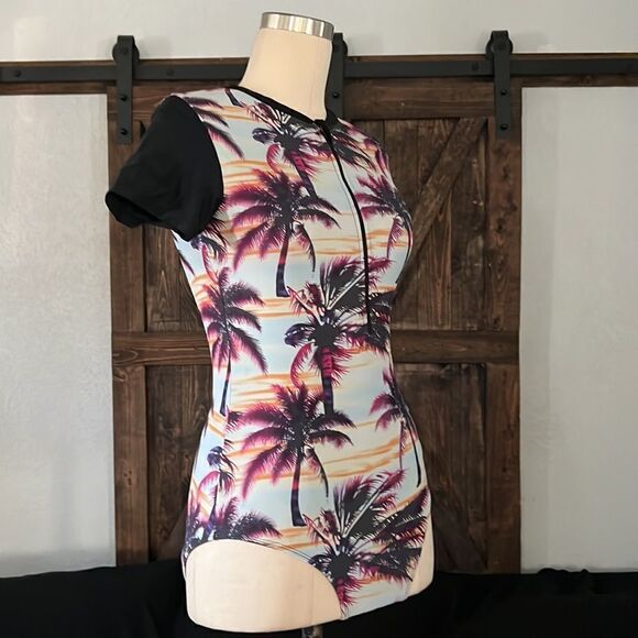 Tropical Palm Tree Prints One Piece Swimsuit Zipper Front Swimwear Small - Picture 7 of 15